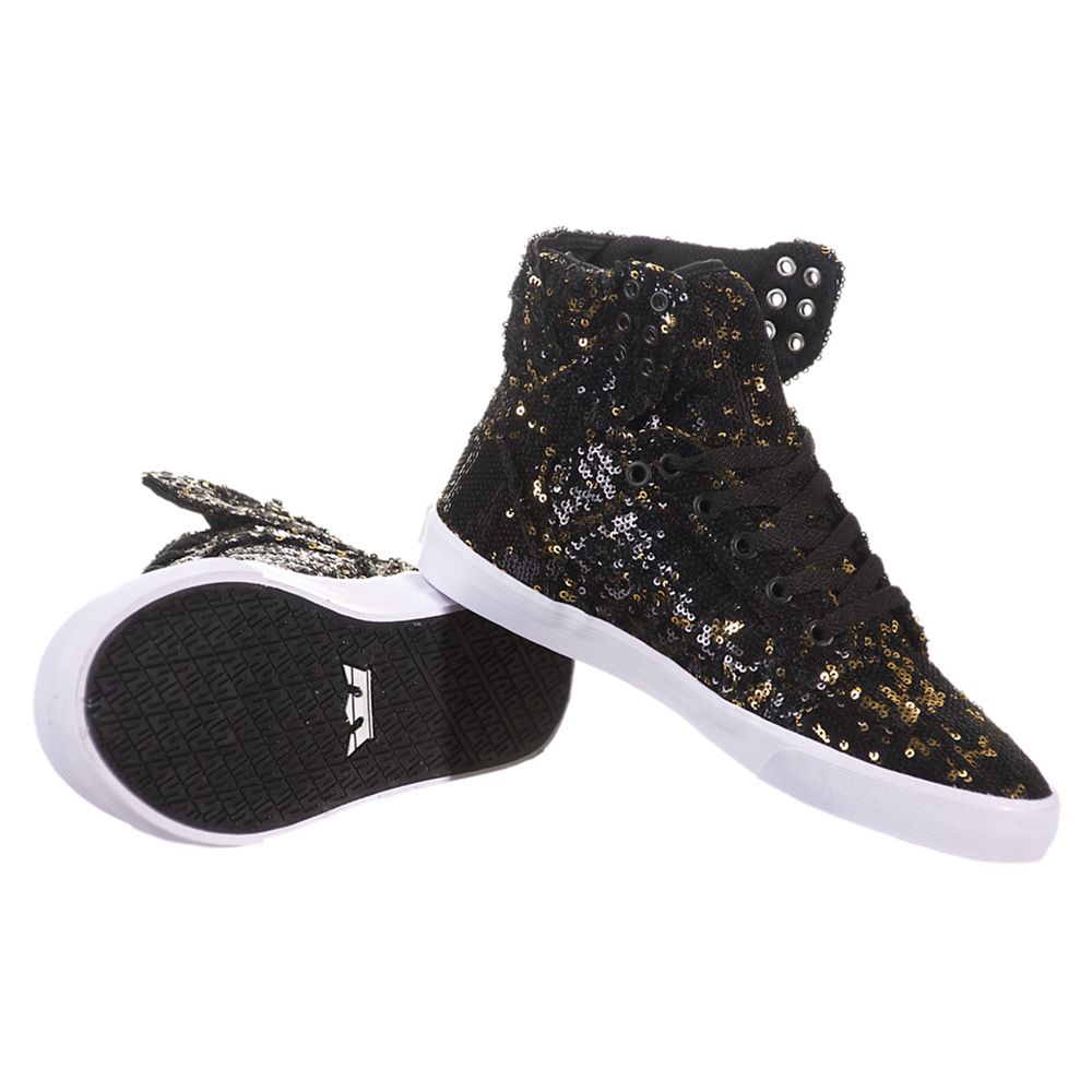 Baskets Montantes Supra SkyTop Noir Doré Black/Gold-White Femme | HSZ-98969628